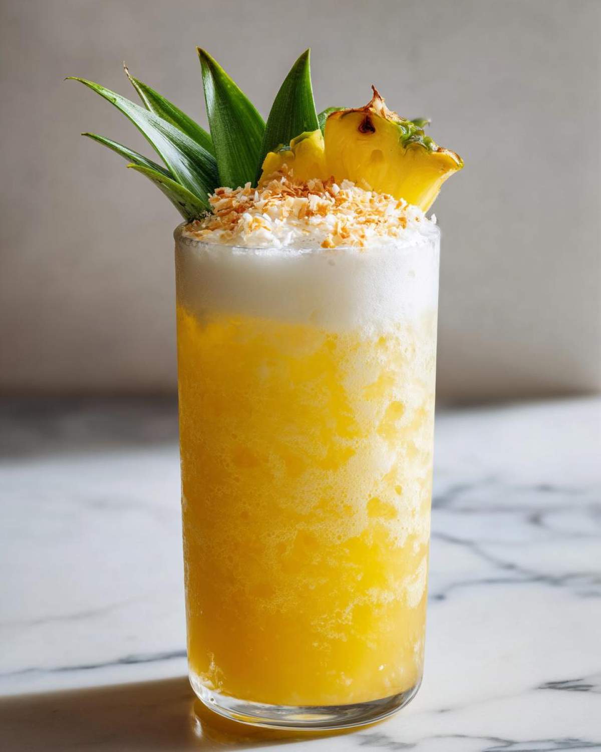 A tall glass filled with a bright yellow, icy Iced Pineapple Coconut Mocktail, topped with foam and toasted coconut flakes.
