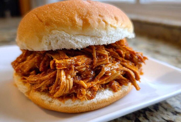 A close-up of a juicy Instant Pot BBQ Pulled Chicken Sandwich served on a white plate.