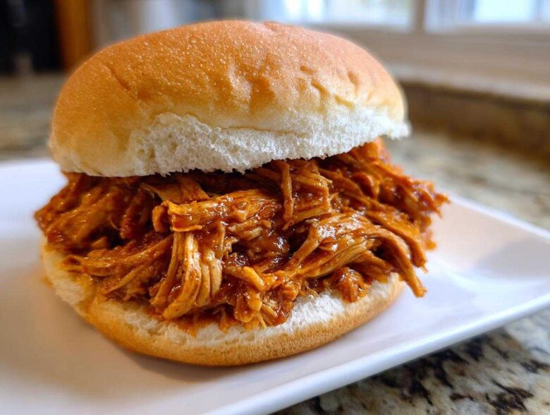 A close-up of a juicy Instant Pot BBQ Pulled Chicken Sandwich served on a white plate.