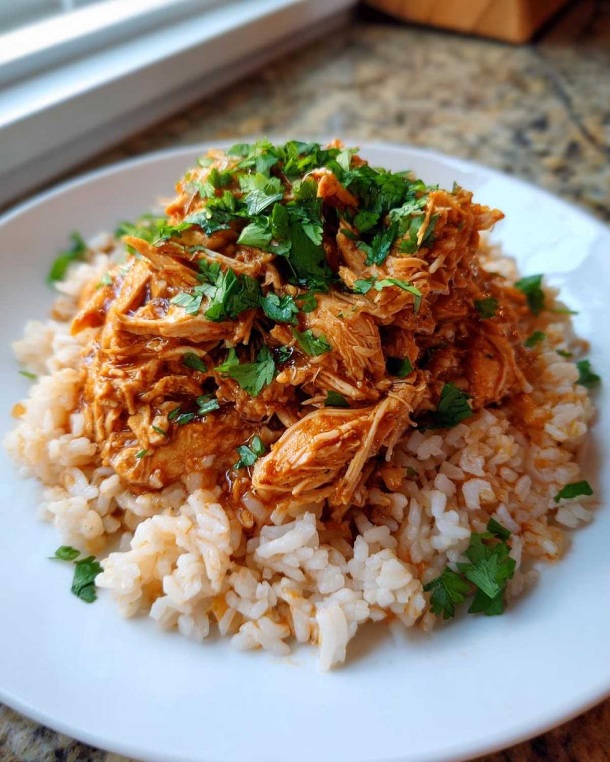 A serving of Instant Pot Chicken Burrito Bowls with brown rice topped with saucy shredded chicken and fresh cilantro.