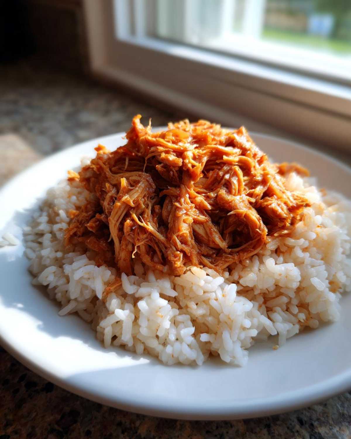 Close-up of shredded, saucy chicken served over a bed of white rice, part of Instant Pot Chicken Burrito Bowls.