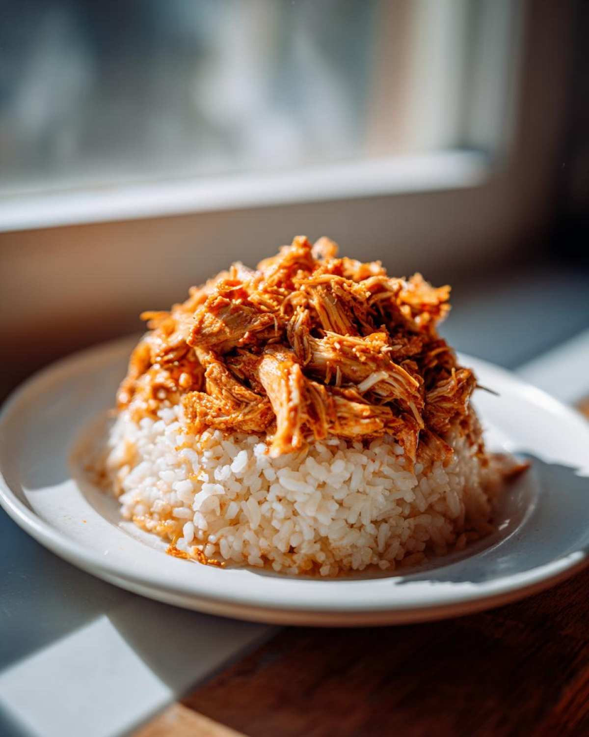 A mound of white rice topped generously with saucy, shredded chicken, ready for Instant Pot Chicken Burrito Bowls.