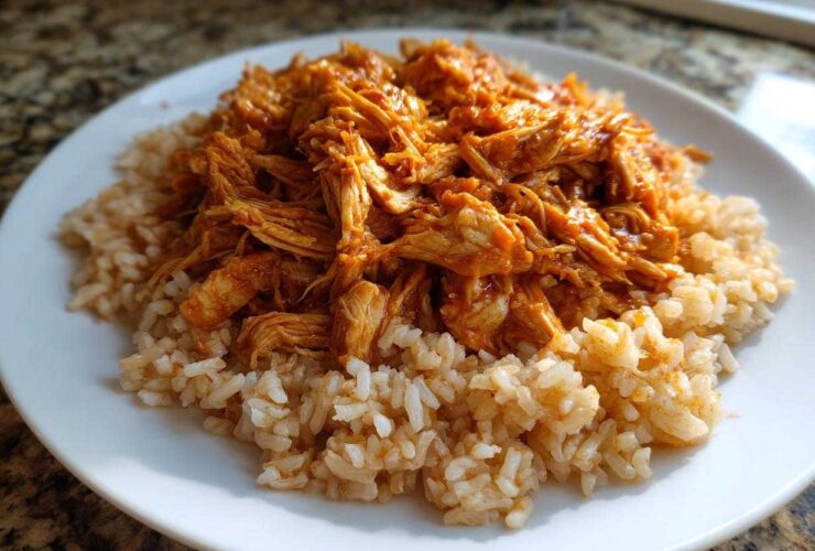 A white plate featuring a bed of brown rice topped with saucy, shredded chicken, ready for Instant Pot Chicken Burrito Bowls.