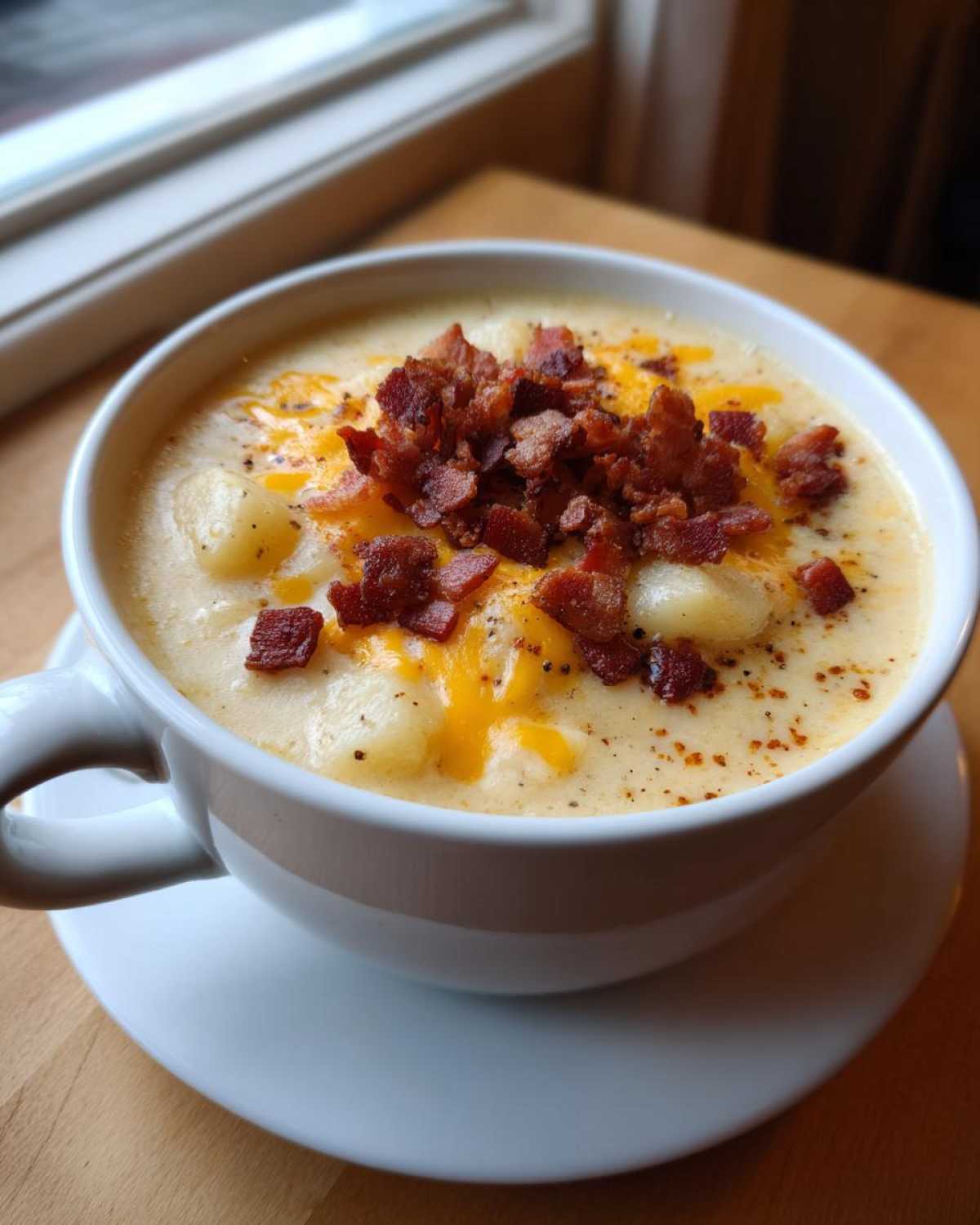 A close-up of Instant Pot Creamy Potato Soup with Bacon, topped with melted cheddar and crispy bacon bits.