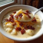 A spoonful of Instant Pot Creamy Potato Soup with Bacon, topped with cheddar cheese and crispy bacon bits.
