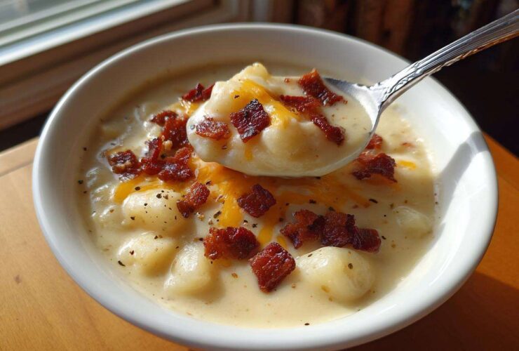 A spoonful of Instant Pot Creamy Potato Soup with Bacon, topped with cheddar cheese and crispy bacon bits.