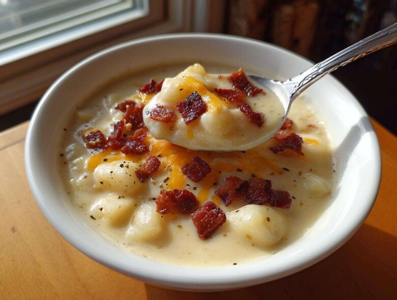 A spoonful of Instant Pot Creamy Potato Soup with Bacon, topped with cheddar cheese and crispy bacon bits.