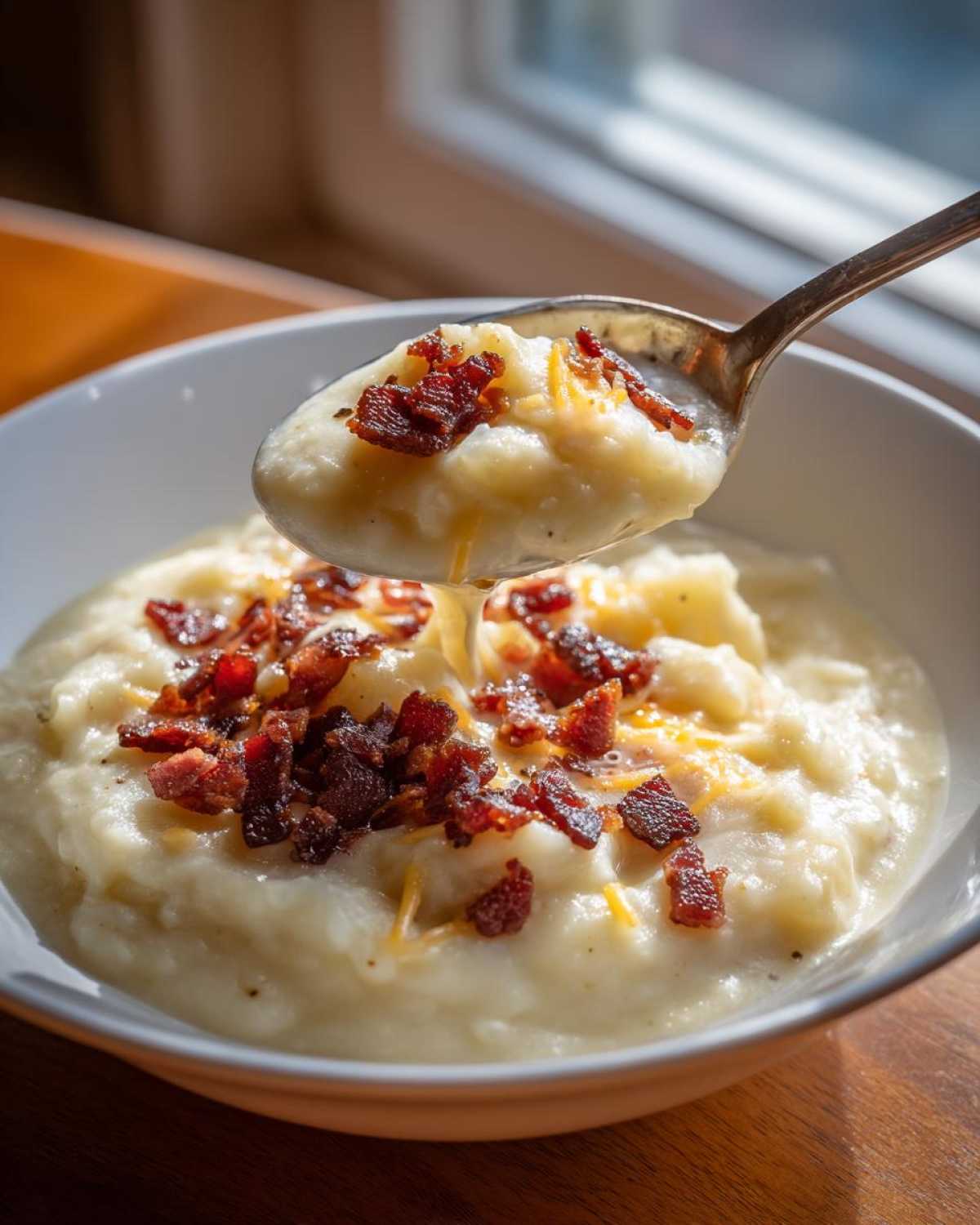 A spoonful of thick Instant Pot Creamy Potato Soup with Bacon being lifted from a white bowl, topped with cheese and bacon bits.