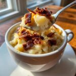 A spoonful of thick Instant Pot Creamy Potato Soup with Bacon being lifted from a white mug.