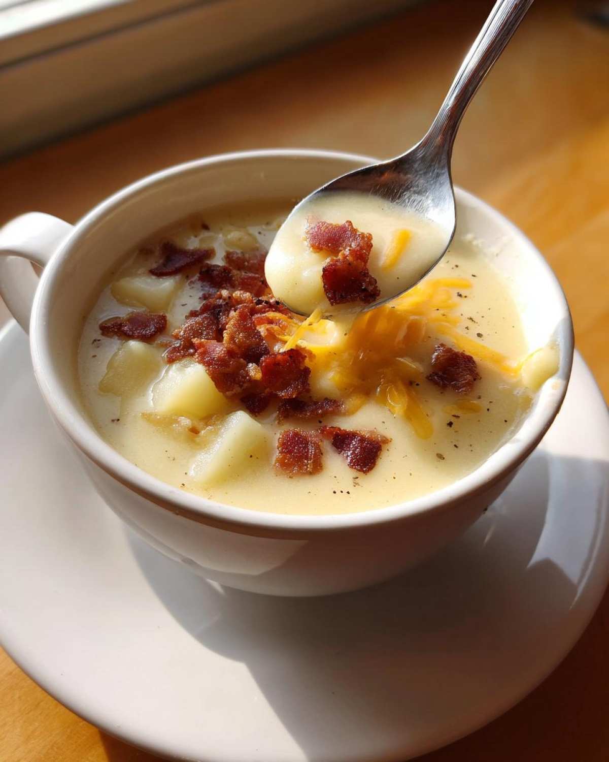 A spoonful of Instant Pot Creamy Potato Soup with Bacon being lifted from a white mug, topped with cheese and bacon bits.
