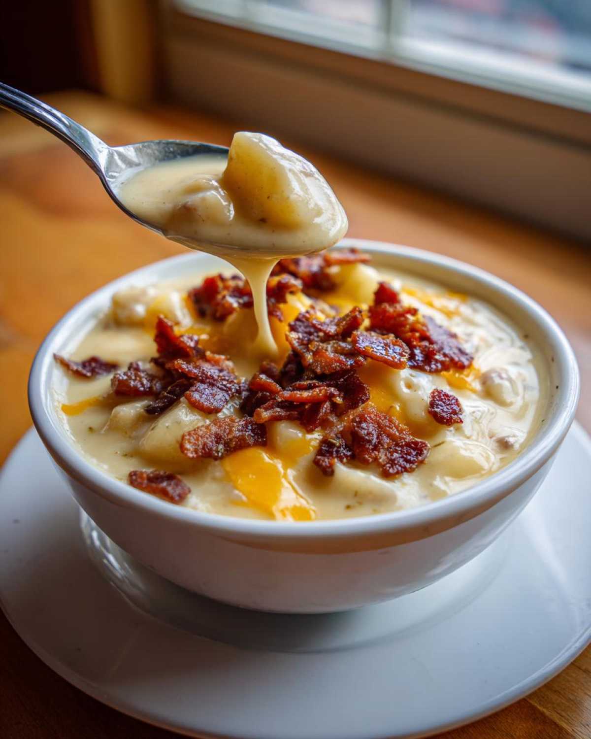 A spoonful of thick Instant Pot Creamy Potato Soup with Bacon is lifted from a white bowl topped with cheese and bacon bits.