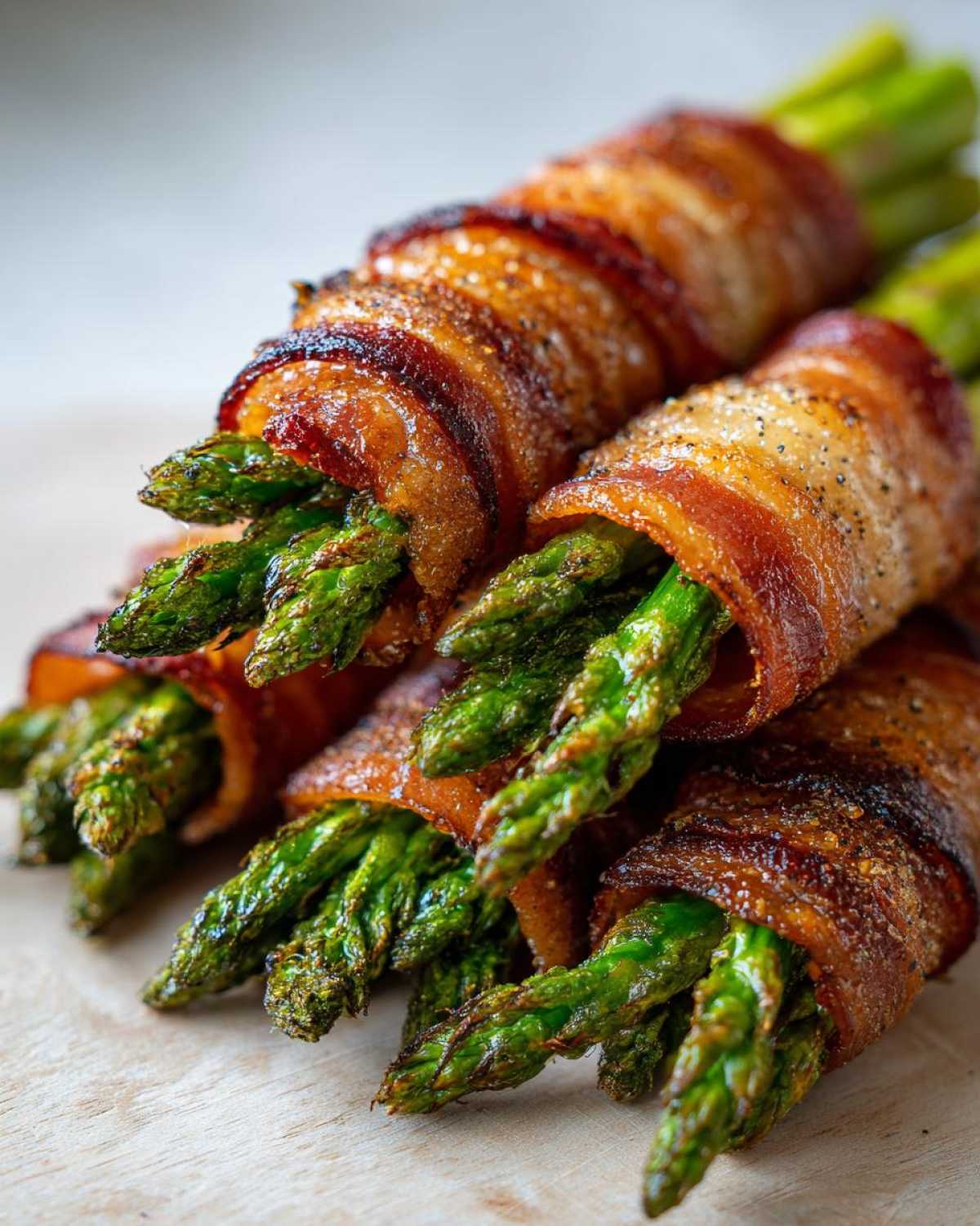 Close-up of perfectly cooked Keto Bacon Wrapped Asparagus Bundles, showing crispy bacon and bright green asparagus tips.