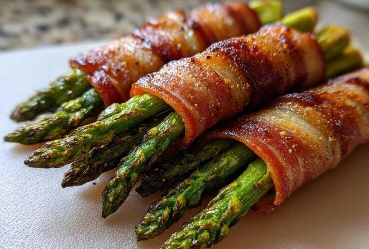 Close-up of perfectly cooked Keto Bacon Wrapped Asparagus Bundles seasoned with pepper.