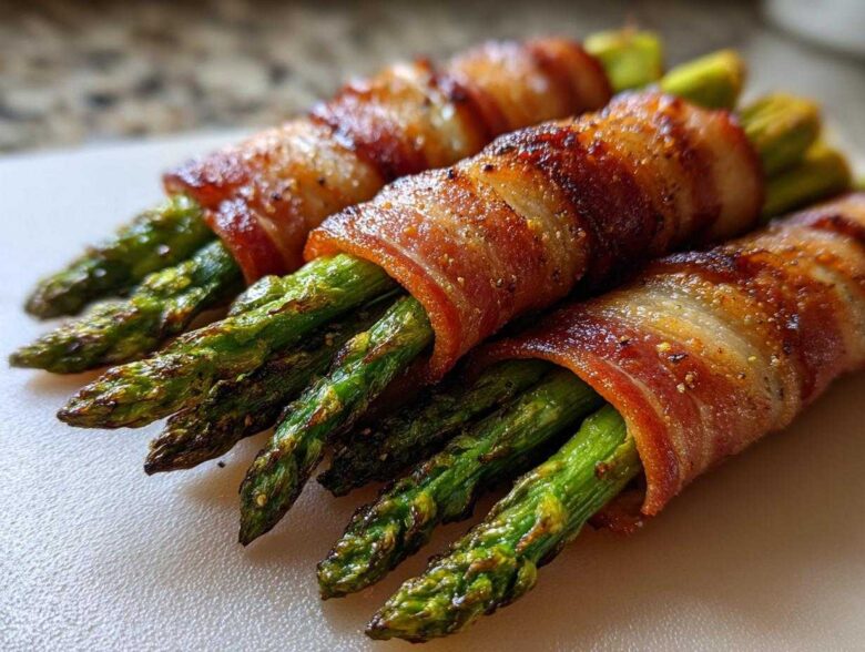 Close-up of perfectly cooked Keto Bacon Wrapped Asparagus Bundles seasoned with pepper.
