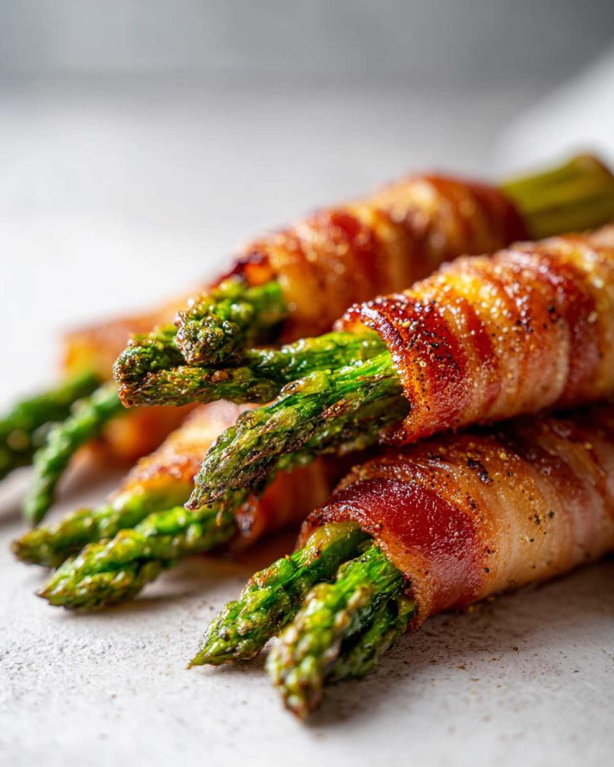 Close-up of perfectly cooked Keto Bacon Wrapped Asparagus Bundles, showing crispy bacon and bright green asparagus tips.