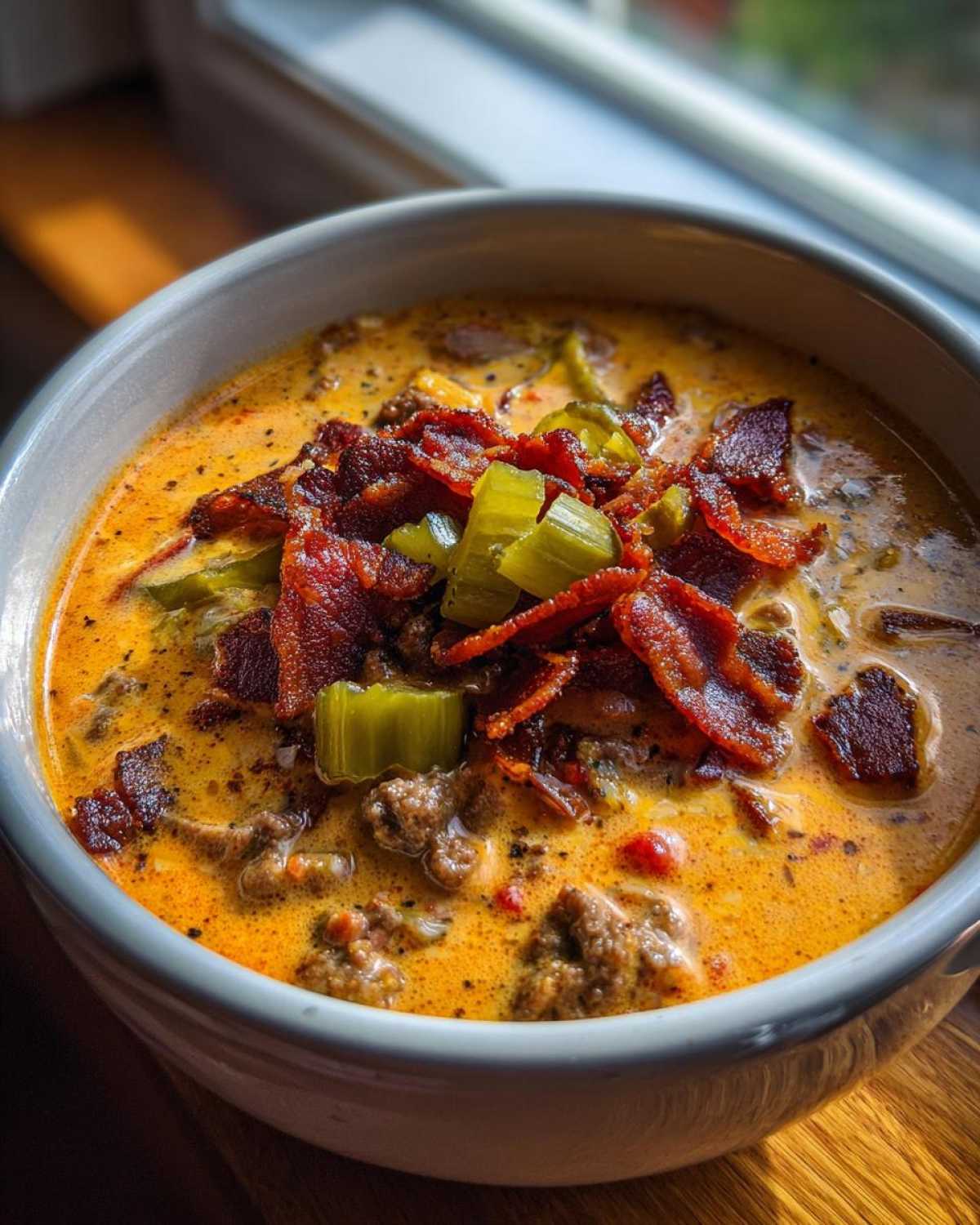 A close-up of a bowl of rich, orange Keto Cheeseburger Soup, topped with crispy bacon pieces and chopped celery.
