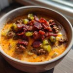 A close-up of a creamy, cheesy bowl of Keto Cheeseburger Soup topped with crumbled bacon and pickles.