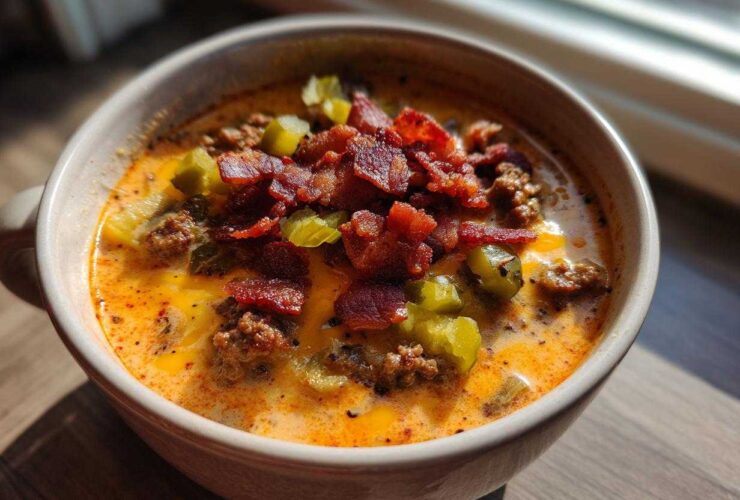 A close-up of a creamy, cheesy bowl of Keto Cheeseburger Soup topped with crumbled bacon and pickles.