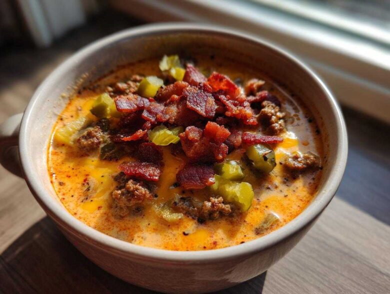 A close-up of a creamy, cheesy bowl of Keto Cheeseburger Soup topped with crumbled bacon and pickles.