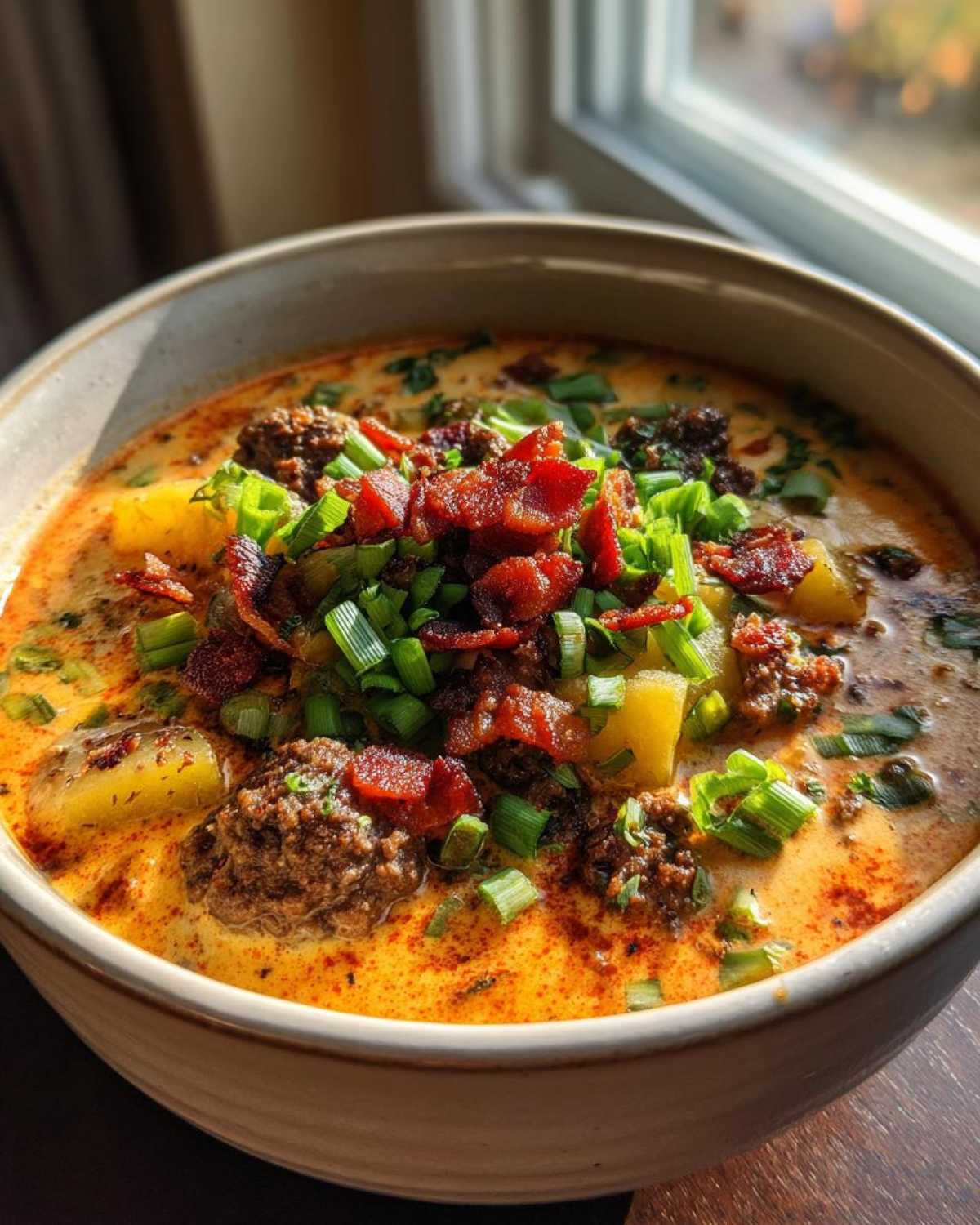 Close-up of a rich, creamy Keto Cheeseburger Soup topped generously with ground beef, bacon, and green onions.