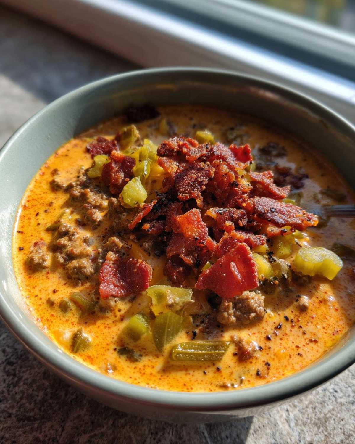 A bowl of creamy Keto Cheeseburger Soup loaded with ground beef, celery, and topped generously with crispy bacon pieces.