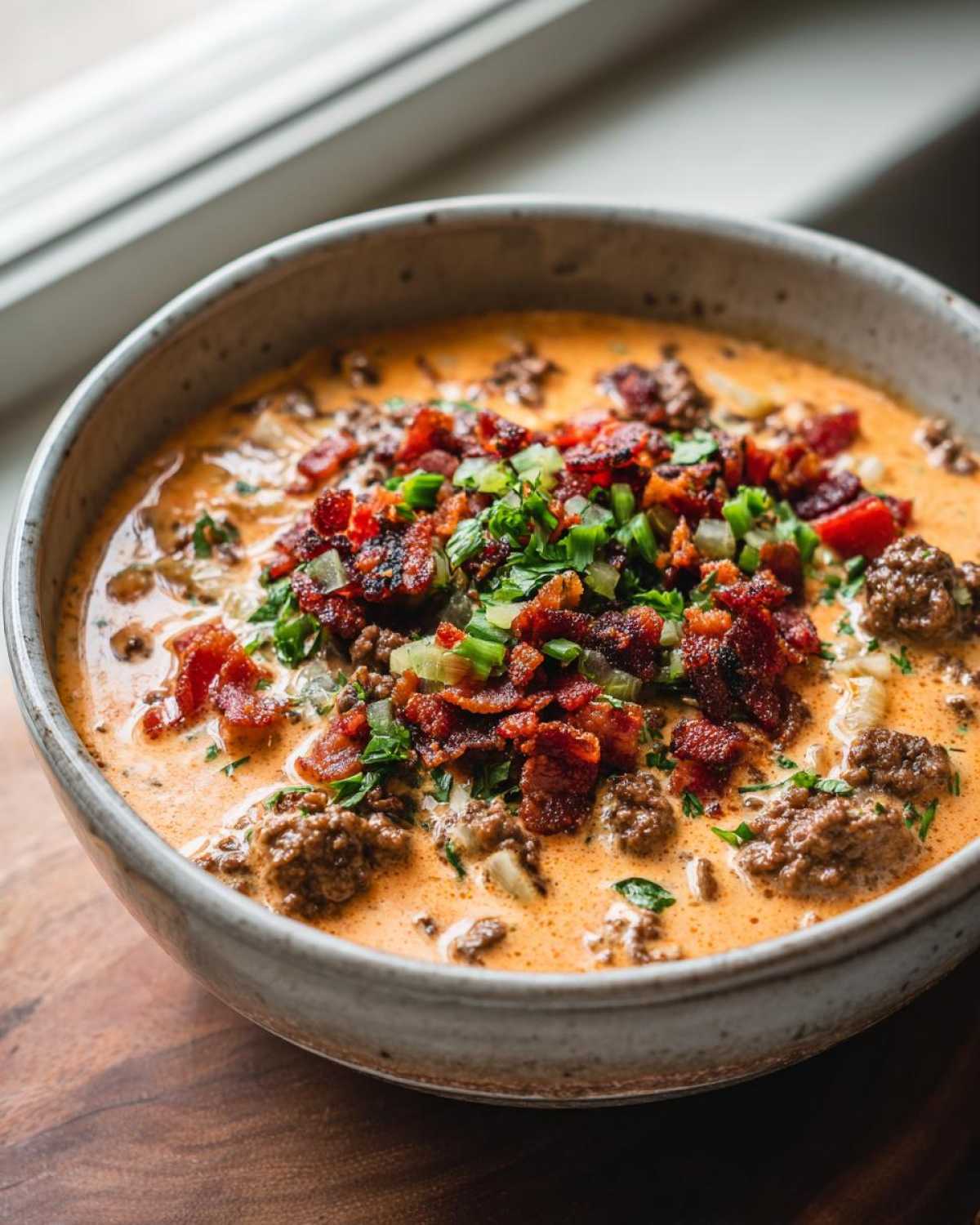 Close-up of a hearty bowl of Keto Cheeseburger Soup topped with crumbled bacon and fresh green onions.
