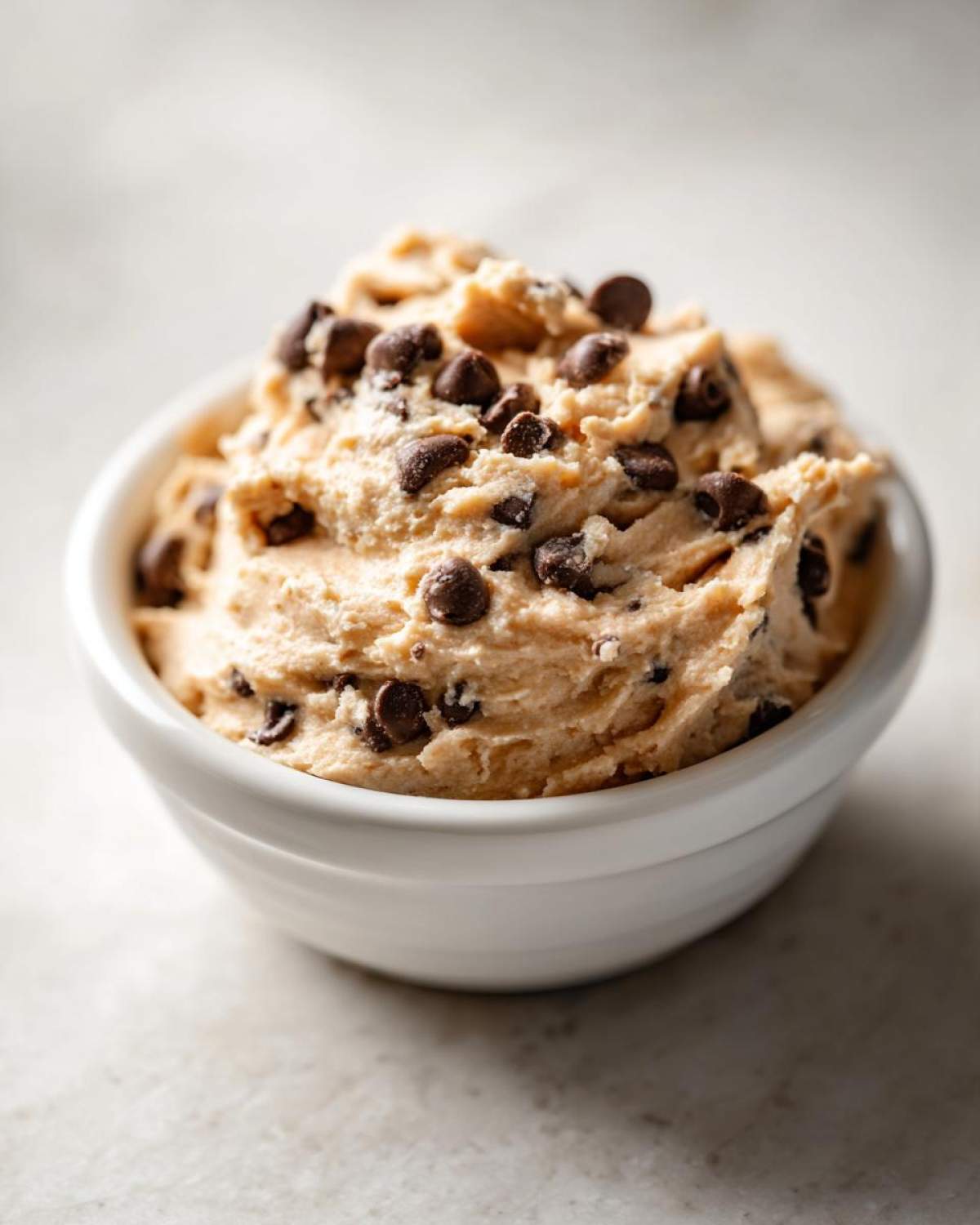 A close-up of a white bowl filled with thick, creamy Keto Chocolate Chip Cookie Dough Dip studded with mini chocolate chips.
