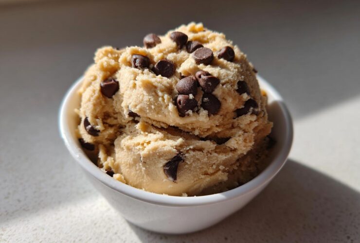 A scoop of creamy Keto Chocolate Chip Cookie Dough Dip topped with mini chocolate chips in a white bowl.