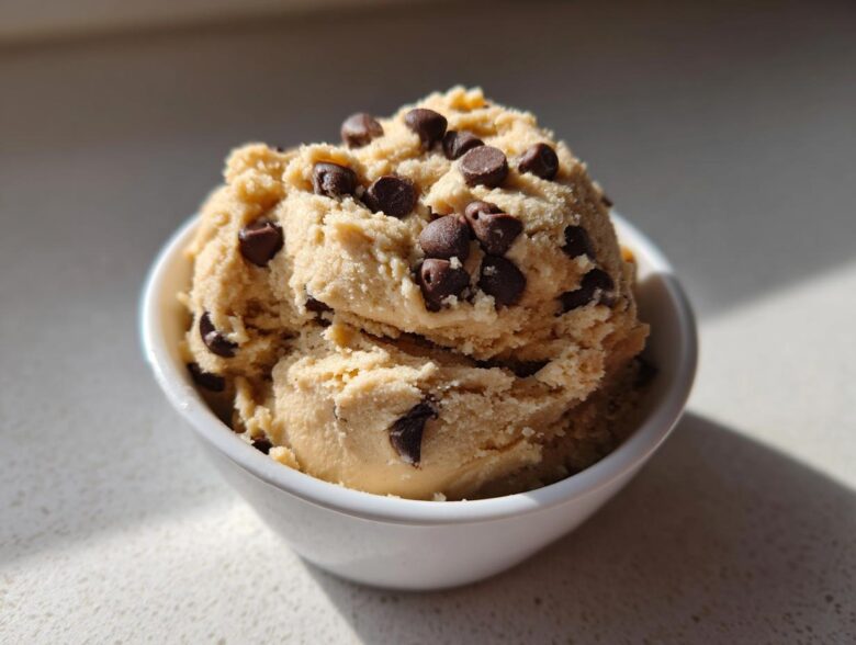A scoop of creamy Keto Chocolate Chip Cookie Dough Dip topped with mini chocolate chips in a white bowl.