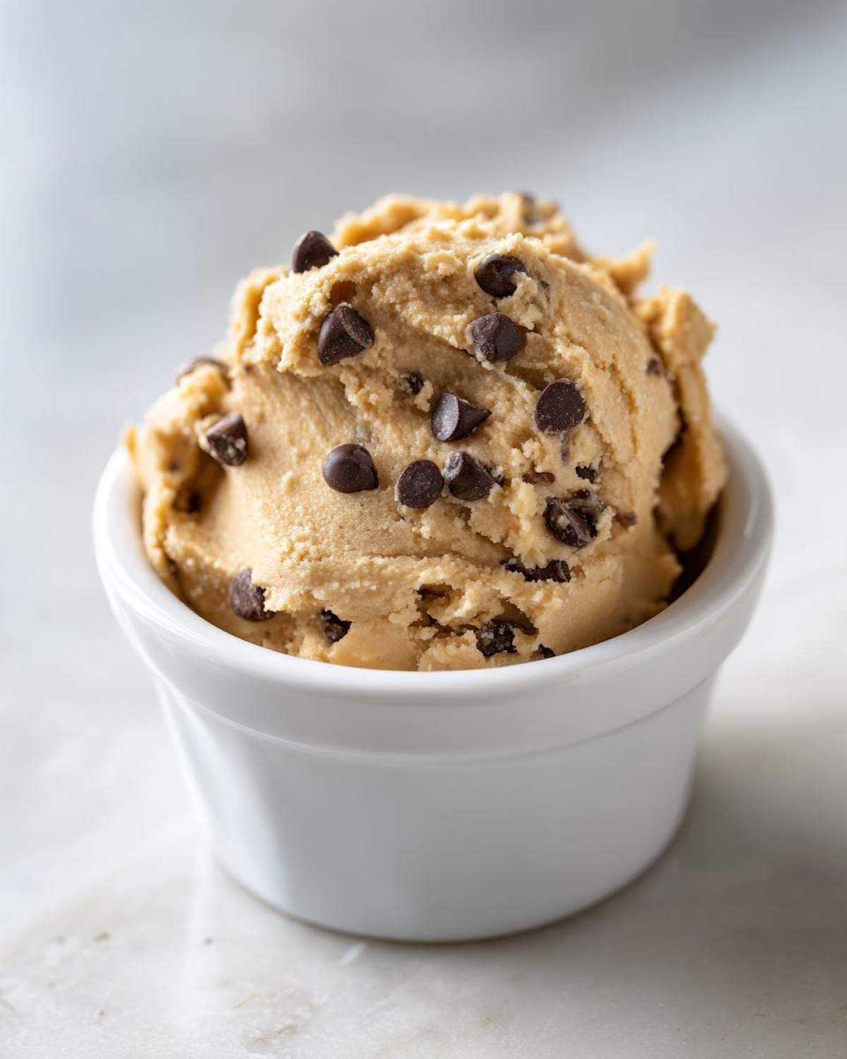 A scoop of creamy Keto Chocolate Chip Cookie Dough Dip topped with mini chocolate chips in a white ramekin.