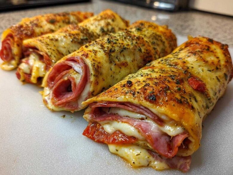 Close-up of three baked Keto Italian Sub Roll-Ups showing melted cheese, pepperoni, and salami filling.