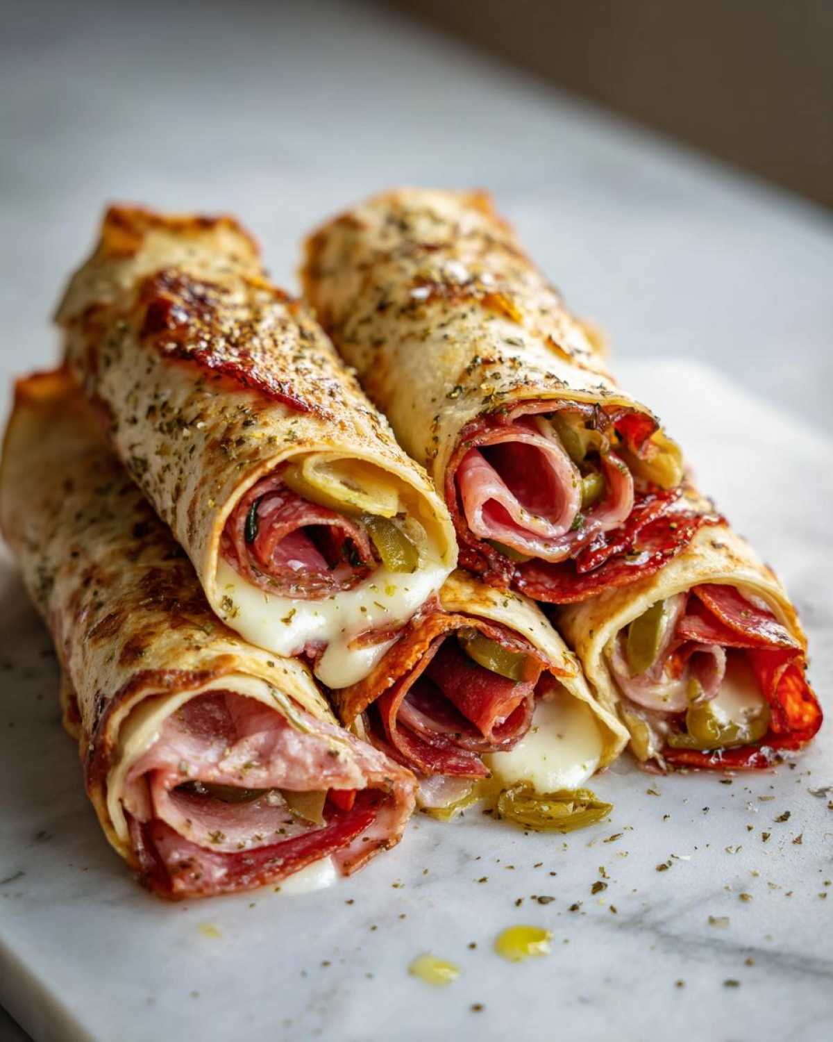 Close-up of stacked Keto Italian Sub Roll-Ups showing melted cheese, salami, and pickles inside a seasoned wrap.