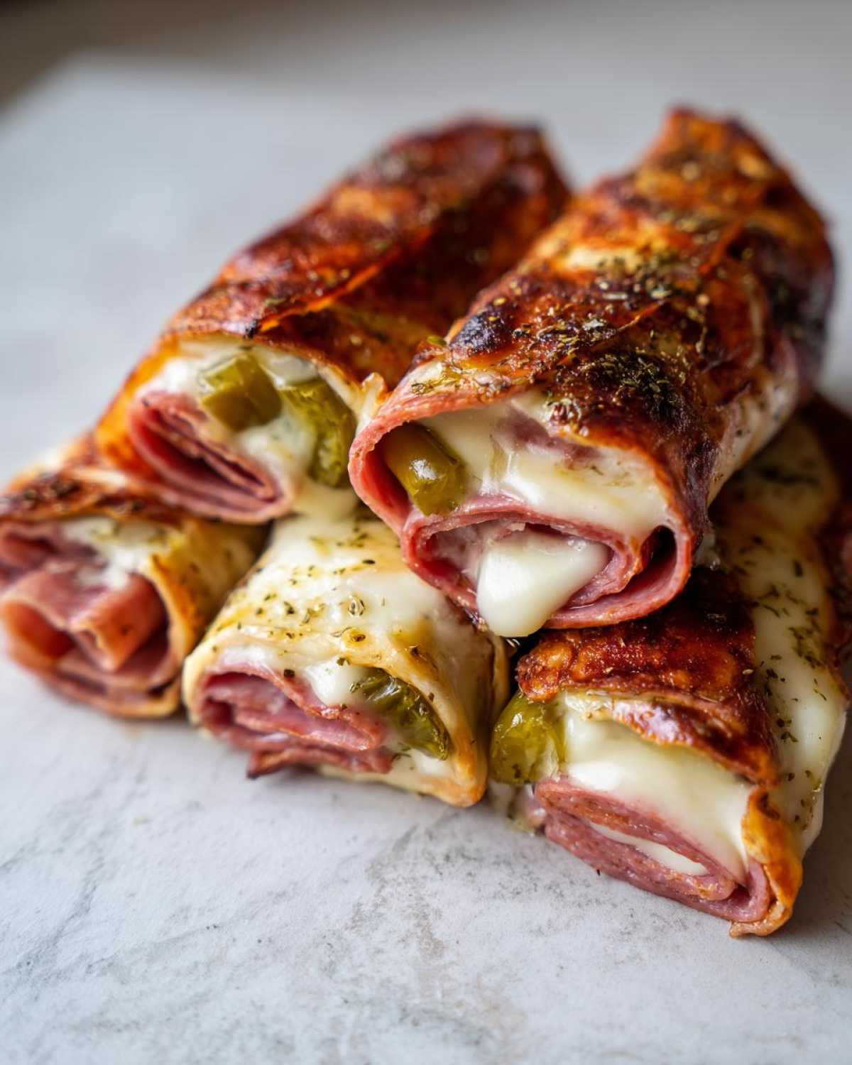Close-up of baked Keto Italian Sub Roll-Ups showing melted cheese, salami, and peppers.