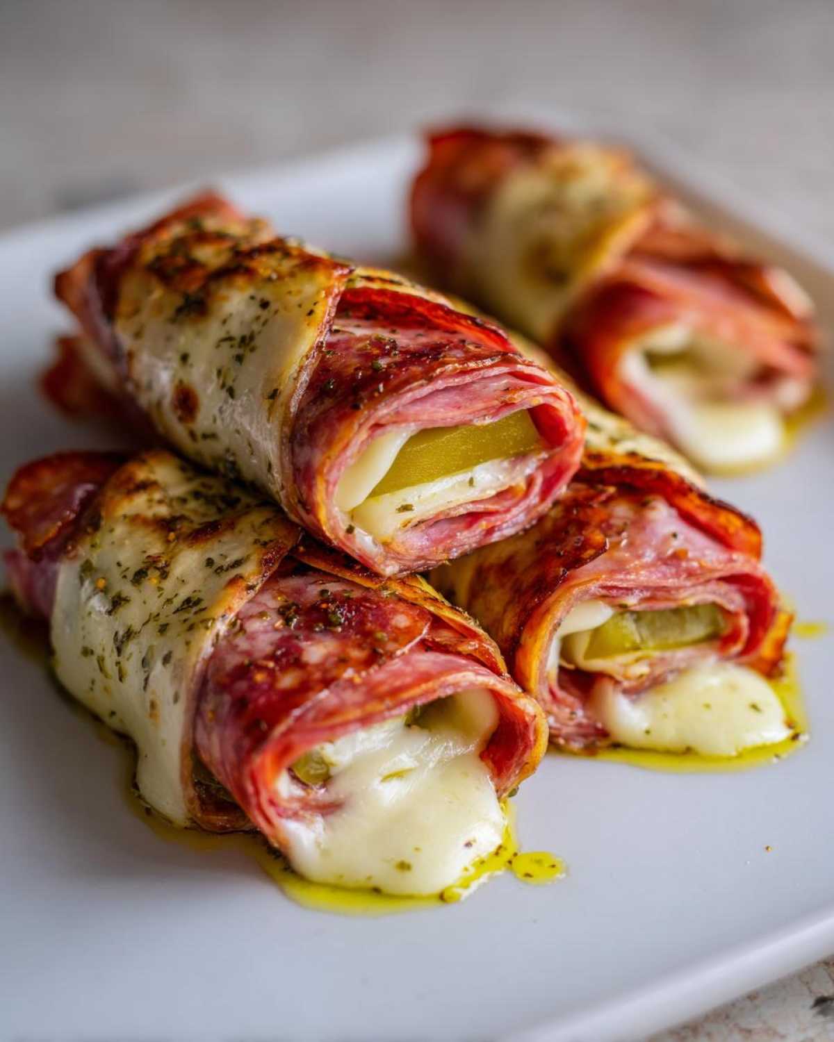 Close-up of Keto Italian Sub Roll-Ups featuring melted cheese oozing out with salami, provolone, and a pickle spear.