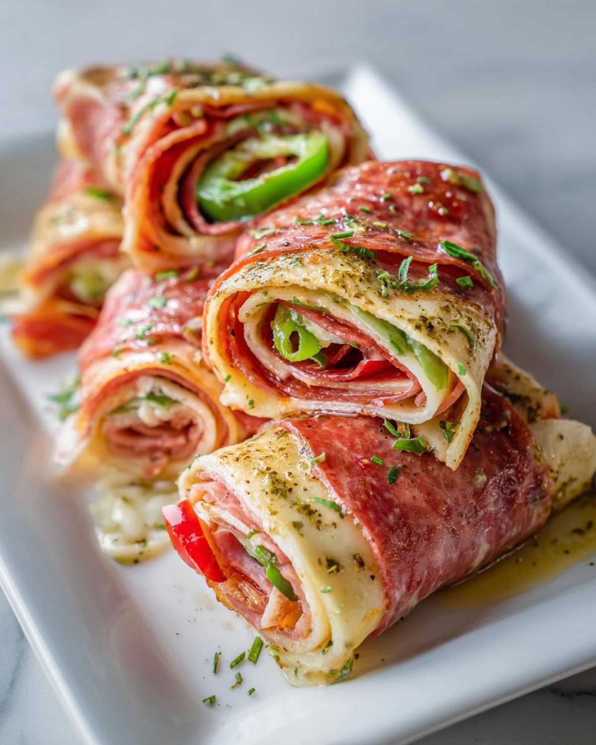 Stack of delicious Keto Italian Sub Roll-Ups made with deli meats, cheese, and peppers, drizzled with herbs.