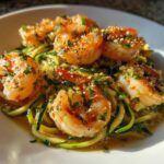 Close-up of Keto Shrimp Scampi Zucchini Noodles, featuring plump shrimp over zoodles in garlic butter sauce.