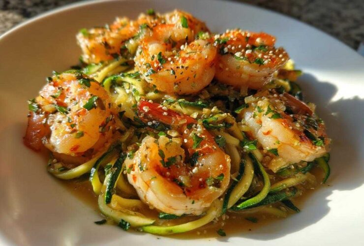 Close-up of Keto Shrimp Scampi Zucchini Noodles, featuring plump shrimp over zoodles in garlic butter sauce.