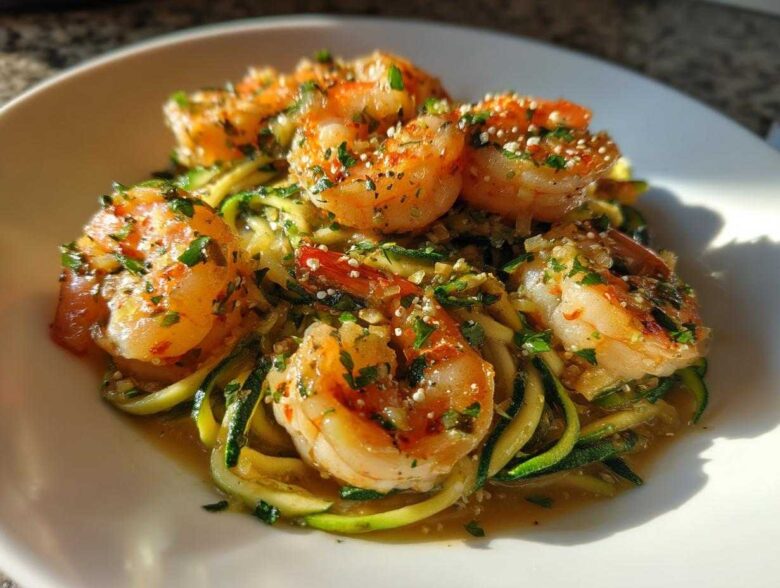Close-up of Keto Shrimp Scampi Zucchini Noodles, featuring plump shrimp over zoodles in garlic butter sauce.