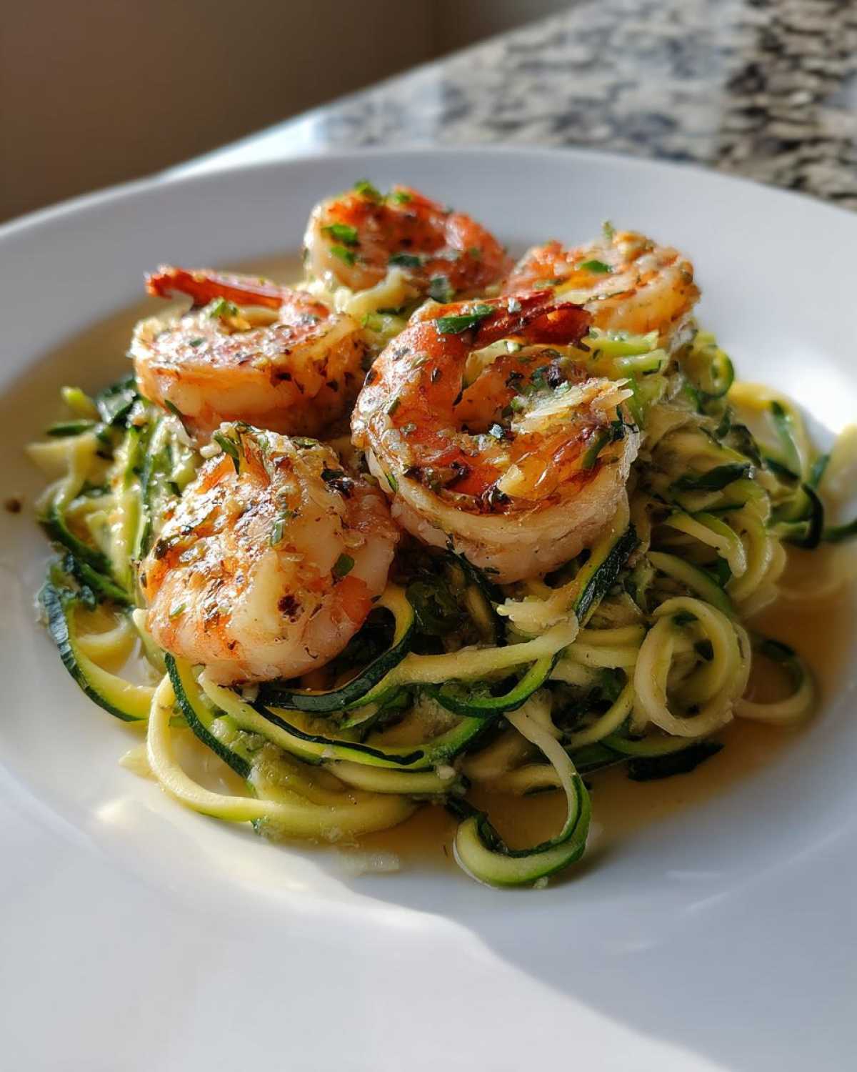 Close-up of perfectly cooked shrimp served over a bed of zucchini noodles in a light scampi sauce.