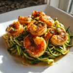 Close-up of juicy shrimp served over a bed of zucchini noodles in a light sauce, perfect Keto Shrimp Scampi Zucchini Noodles.