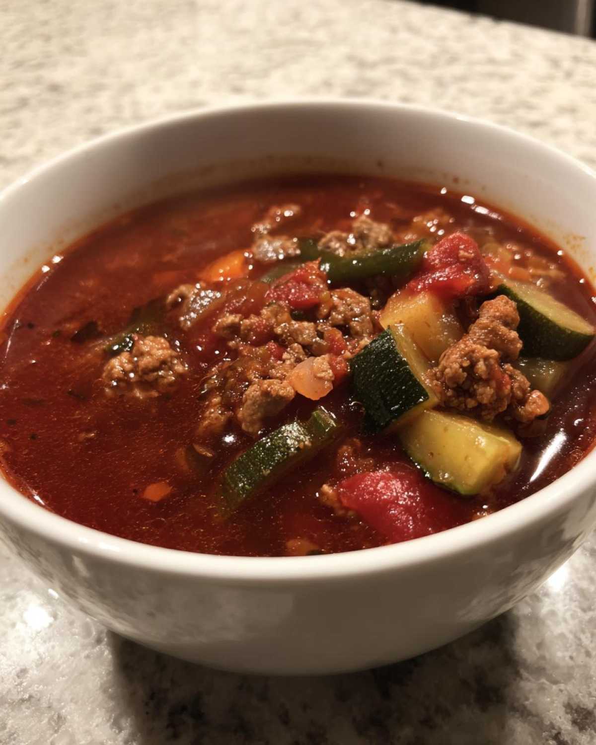 Close-up of a white bowl filled with rich, red Keto Taco Soup with Ground Beef, zucchini chunks, and tomatoes.