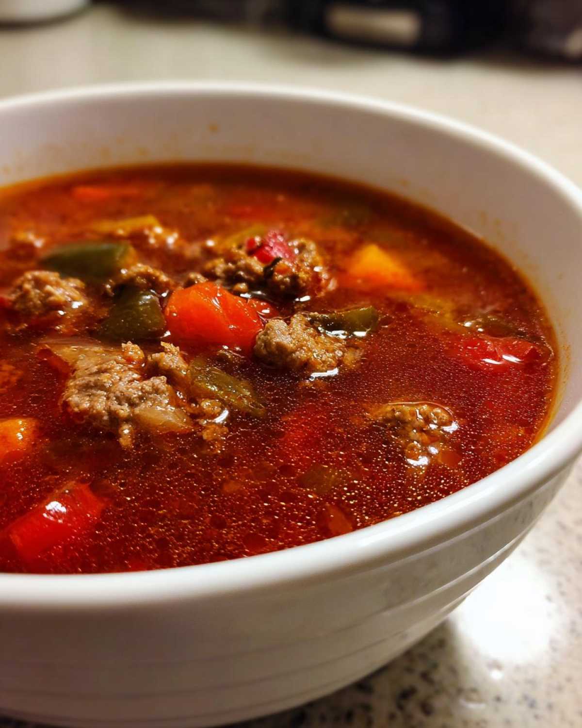 Close-up of a white bowl filled with rich, red Keto Taco Soup with Ground Beef, peppers, and spices.