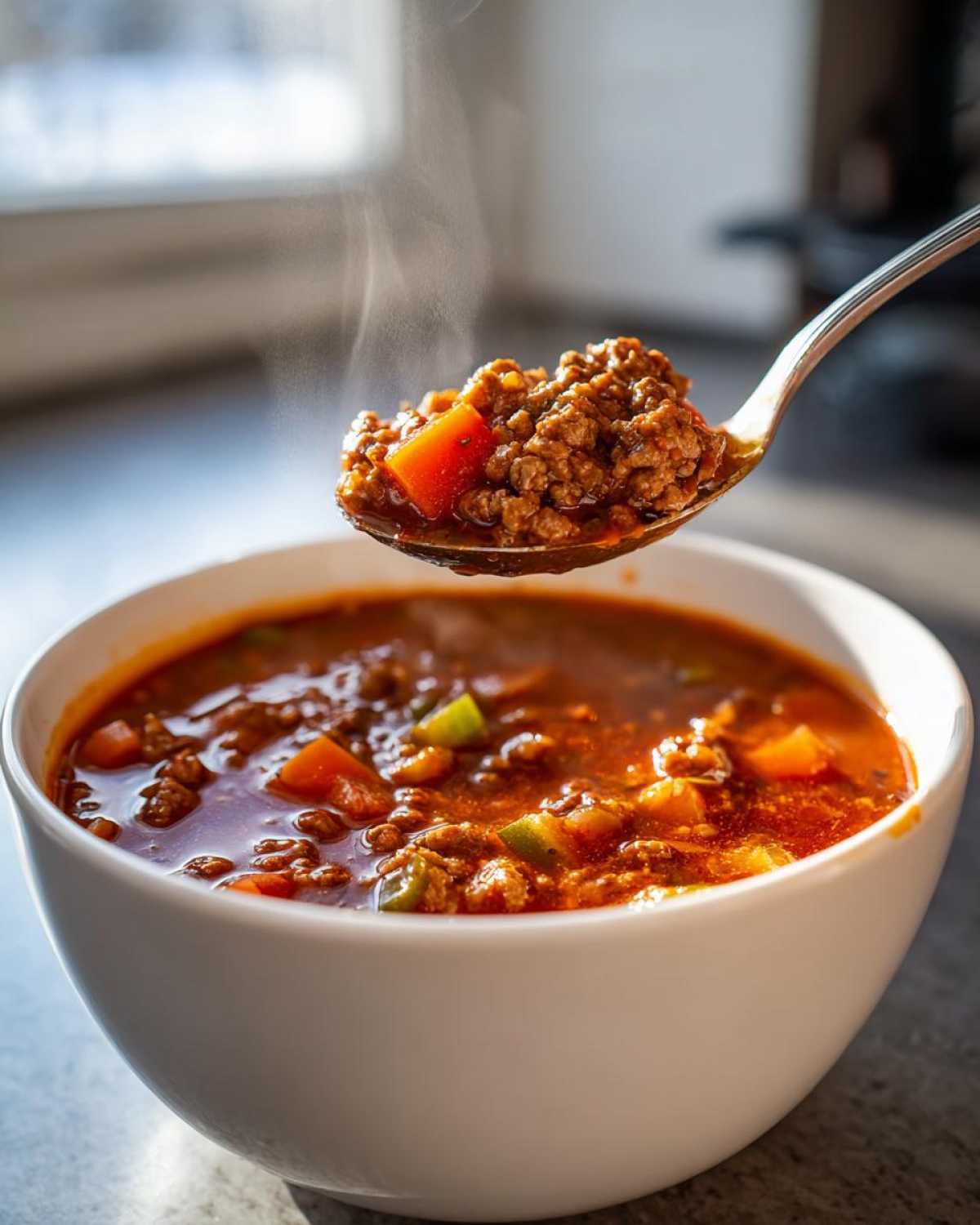 A spoonful of steaming Keto Taco Soup with Ground Beef, rich with meat and vegetables, lifted above a white bowl.