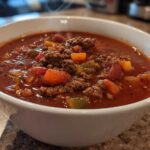 Close-up of a steaming white bowl filled with rich, red Keto Taco Soup with Ground Beef and diced vegetables.
