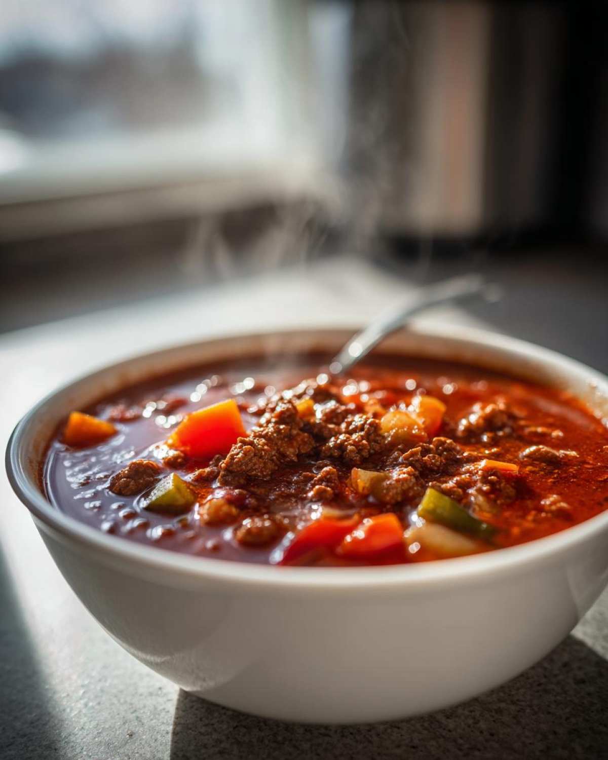 Close-up of a steaming white bowl filled with rich, red Keto Taco Soup with Ground Beef and visible chunks of vegetables.