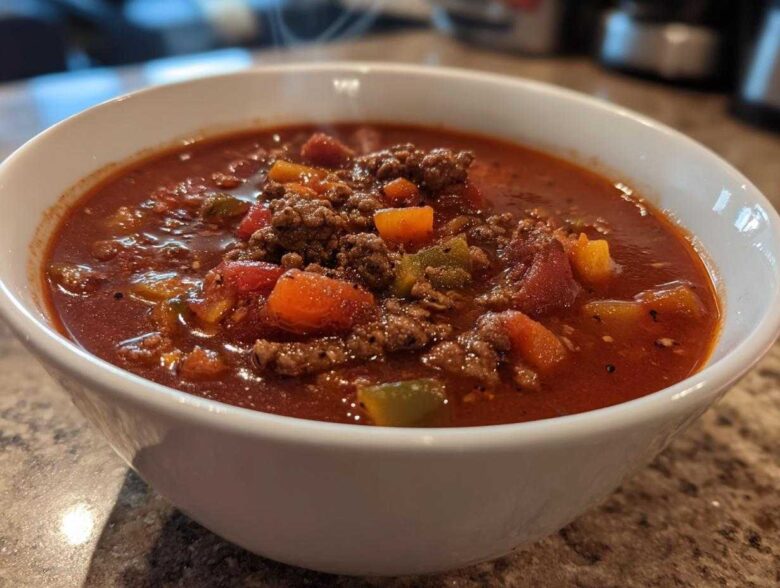 Close-up of a steaming white bowl filled with rich, red Keto Taco Soup with Ground Beef and diced vegetables.