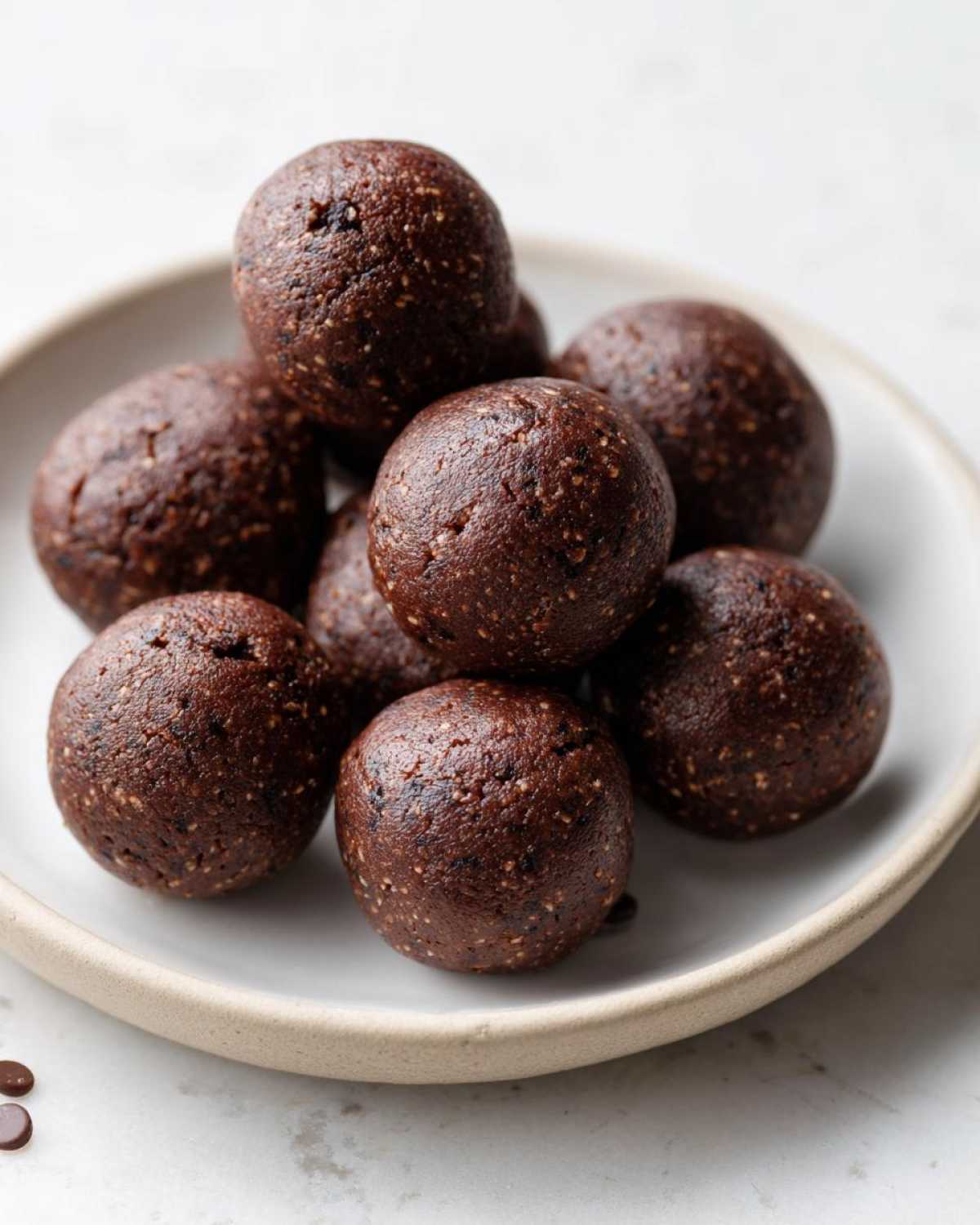 A close-up of several rich, dark brown No-Bake Brownie Batter Protein Balls stacked on a light ceramic plate.