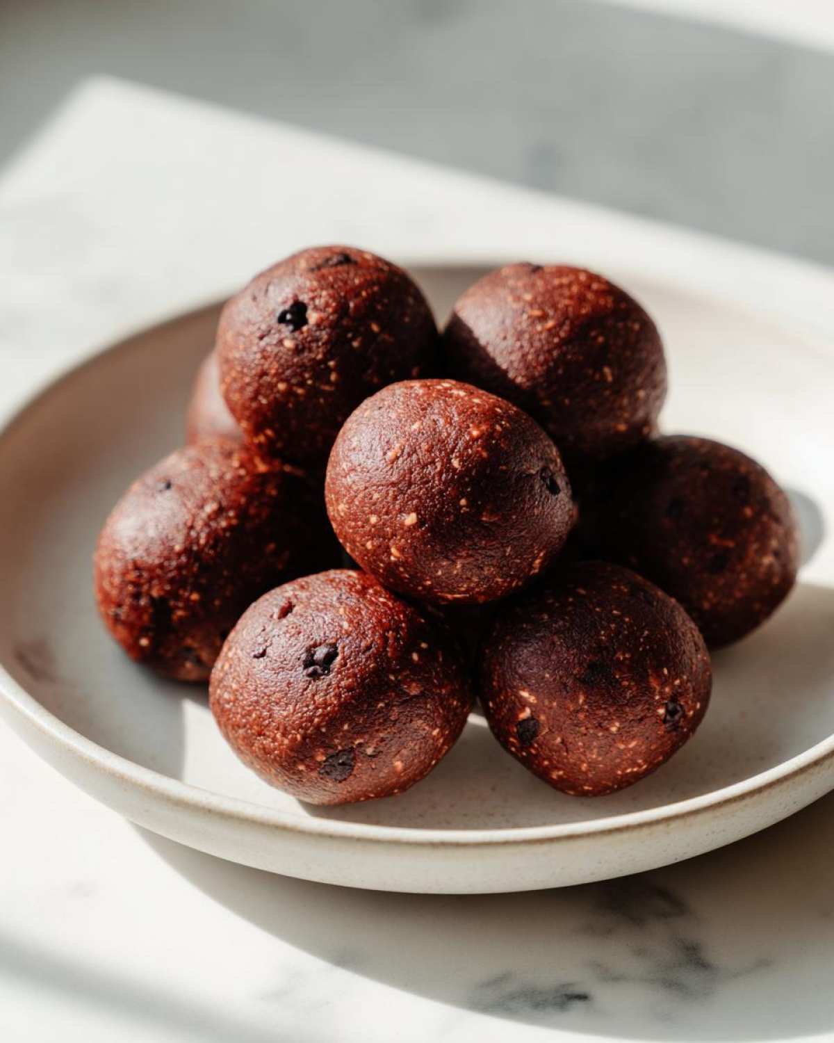 A close-up stack of rich, dark brown No-Bake Brownie Batter Protein Balls on a light ceramic plate.