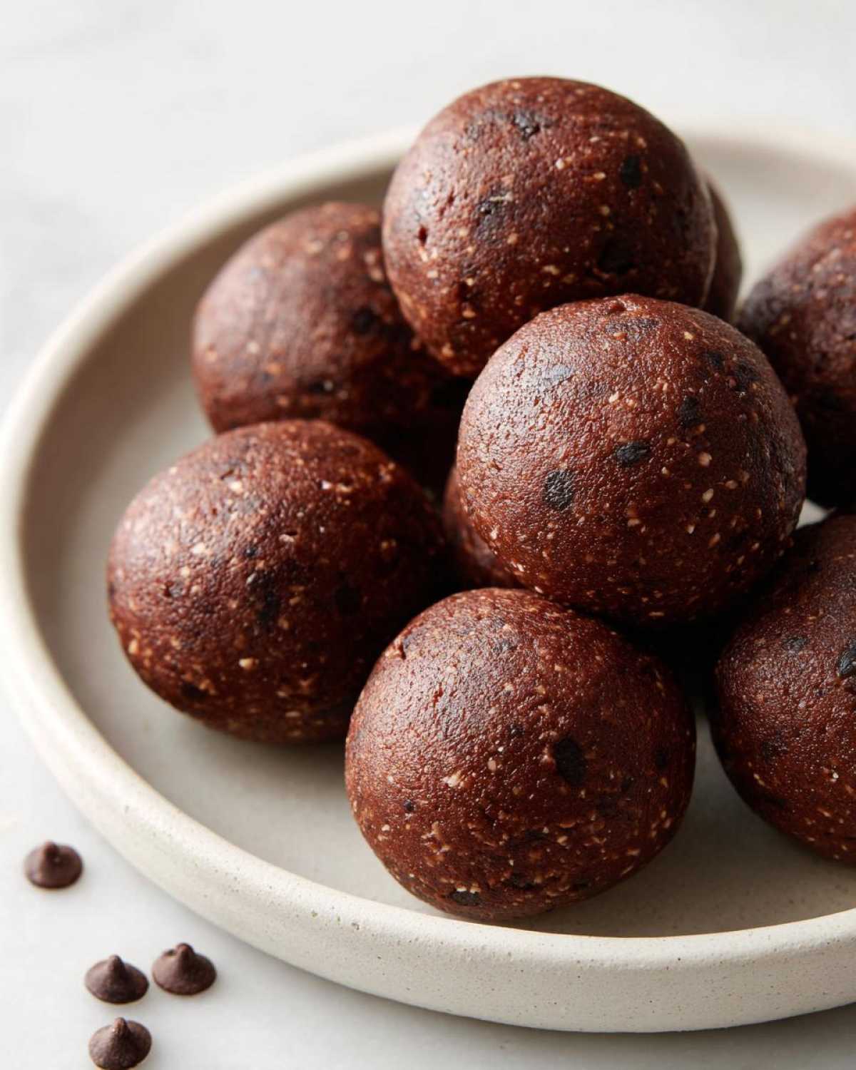 A stack of rich, dark brown No-Bake Brownie Batter Protein Balls on a light ceramic plate with chocolate chips scattered nearby.
