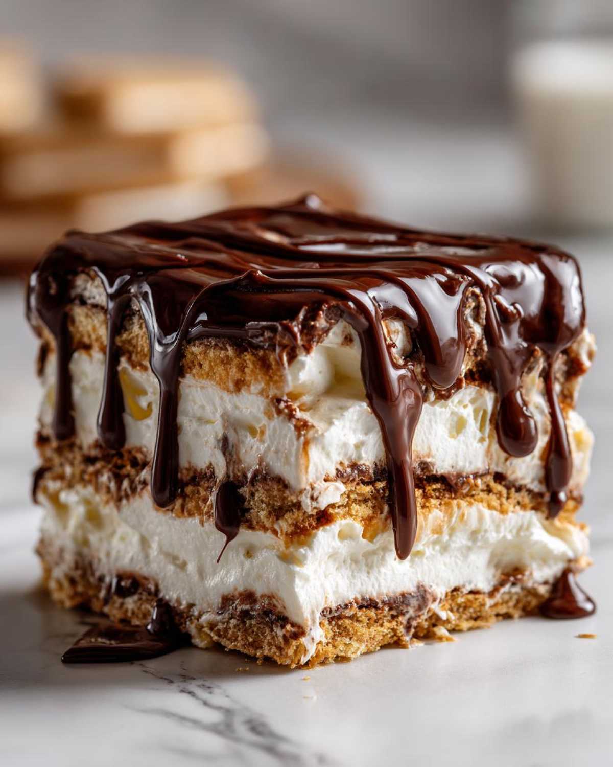 Close-up of a layered slice of No-Bake Chocolate Eclair Cake topped with rich chocolate ganache drizzle.